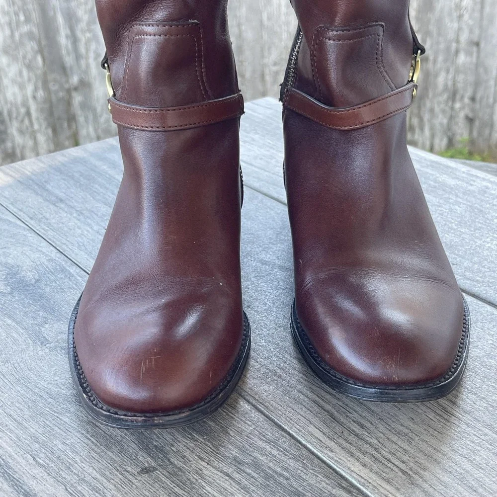 Coach Mulan‎ Tall Riding Boots Women 7B Brown Leather Logo Harness Equestrian